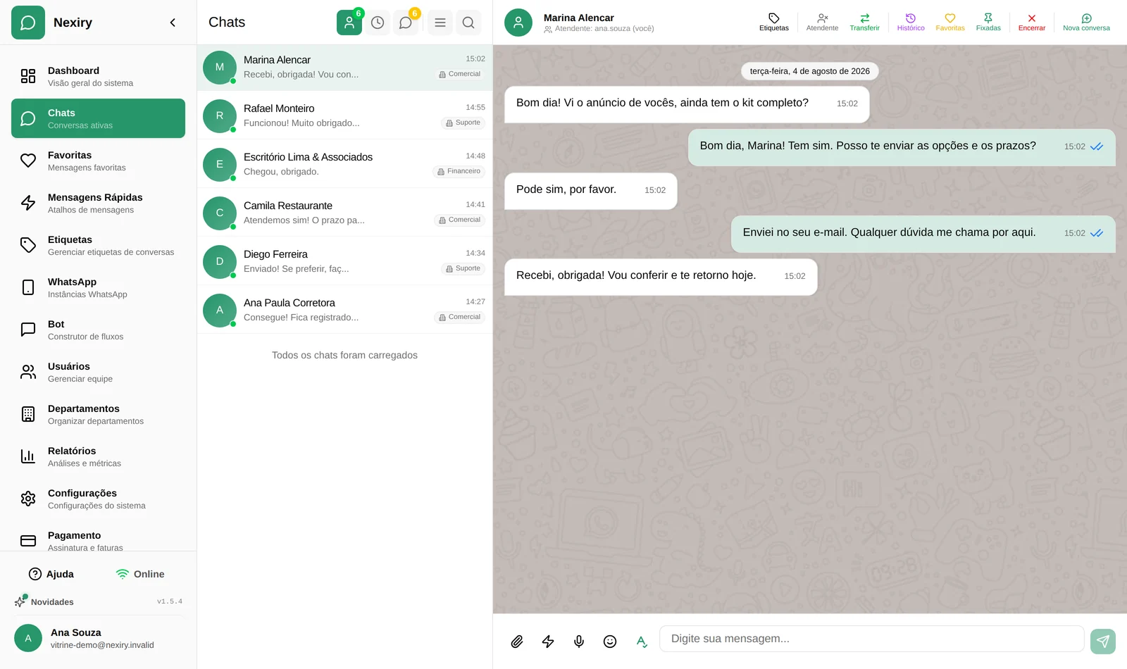 Painel do Nexiry: lista de conversas com departamento e atendente à esquerda, conversa aberta à direita, com ações de etiqueta, transferência e histórico.
